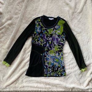 Dzhavael Couture Funky Patterned Black Mesh Long Sleeve Top Size S